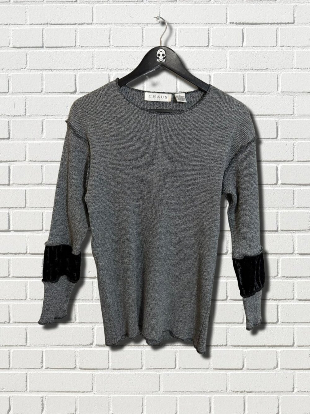 Vintage 90s Chaus Sport Grey Waffle Knit Top with Black Velvet Sleeve Accent S